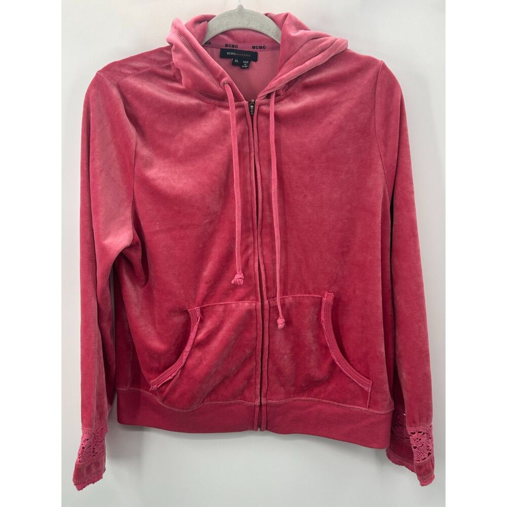 BCBG Y2K Velour Jacket XL Pink Grunge Zip Up Hoodie Sweater Vtg Crochet